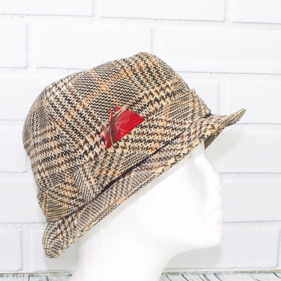 Other - Vintage Plaid Fedora Bucket Hat Red Feather